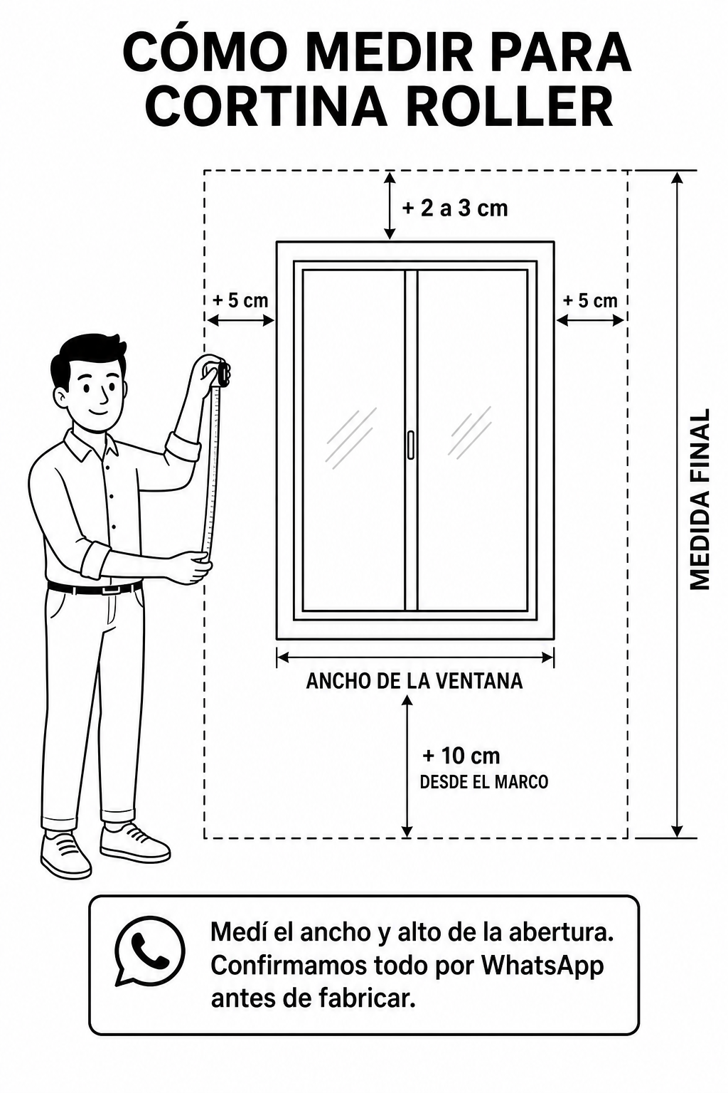 Guía para medir una ventana para una cortina roller: sumar 5 centímetros a cada lado, 2 a 3 centímetros arriba y 10 centímetros abajo